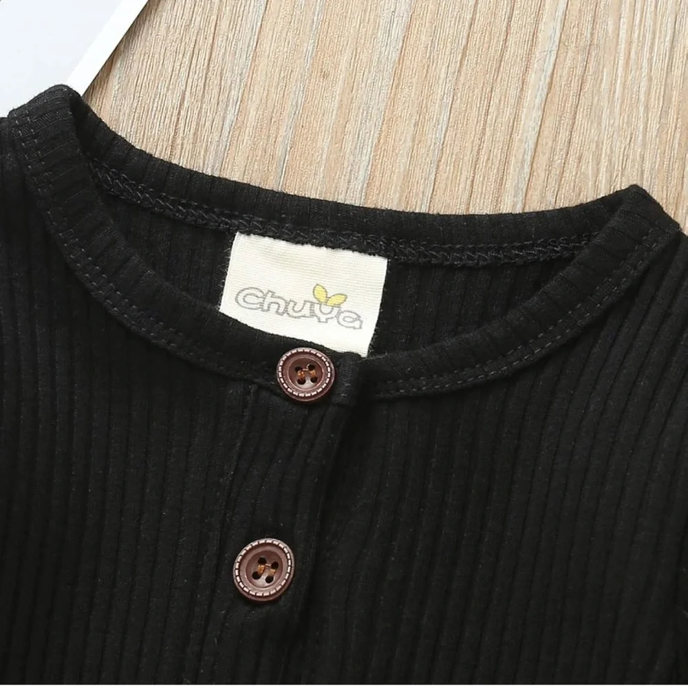 Baby Romper in Black with Henley Button Detail - Picture 3 of 5